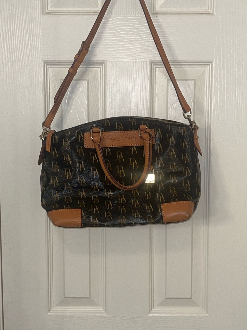 Dooney & Bourke Black Monogram Satchel with Brown Trim